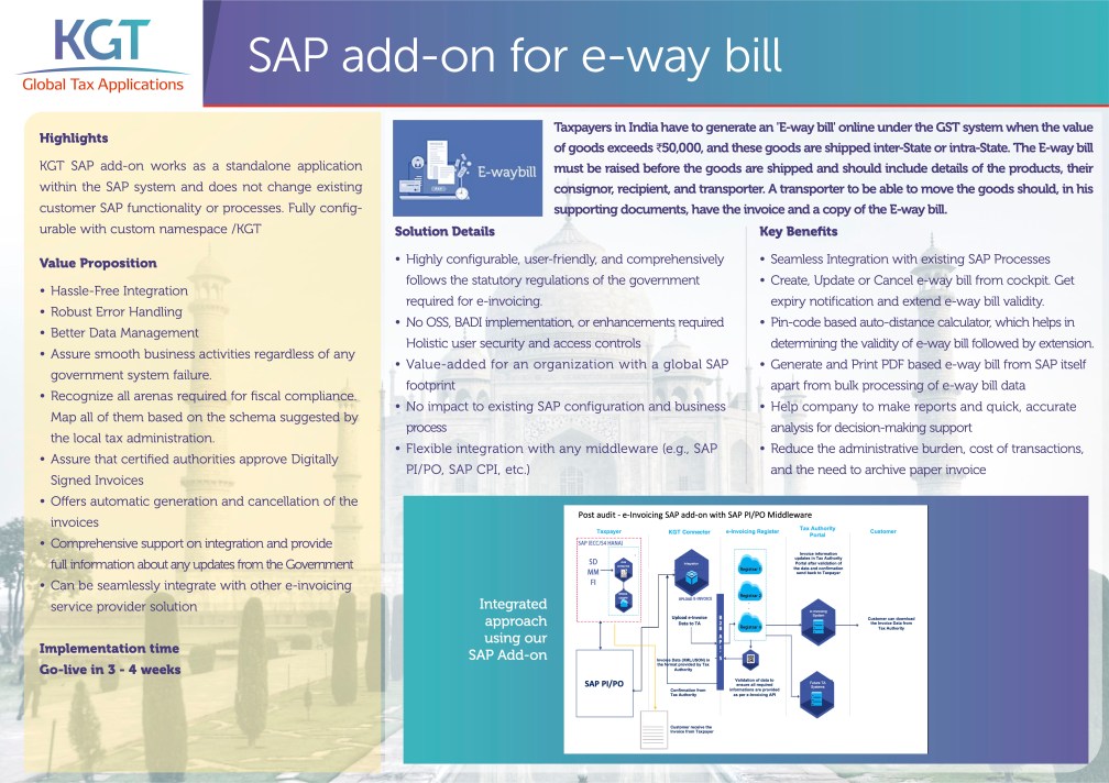 KGT has developed an SAP-integrated solution with the cockpit to select reportable outgoing invoices, create periodic Indian e-invoicing, E-submission of Indian JSON files, and control reports and the functionality. Although not yet a mandatory requirement, the solution is ready for FI invoicing. We can add the QR Code, IRN, into the SAP script. The other key GST processes features we developed for optimum GST management are electronic waybill ('E-way bill') and GST returns, GST reconciliations and GST input credit utilization against its eligibility.